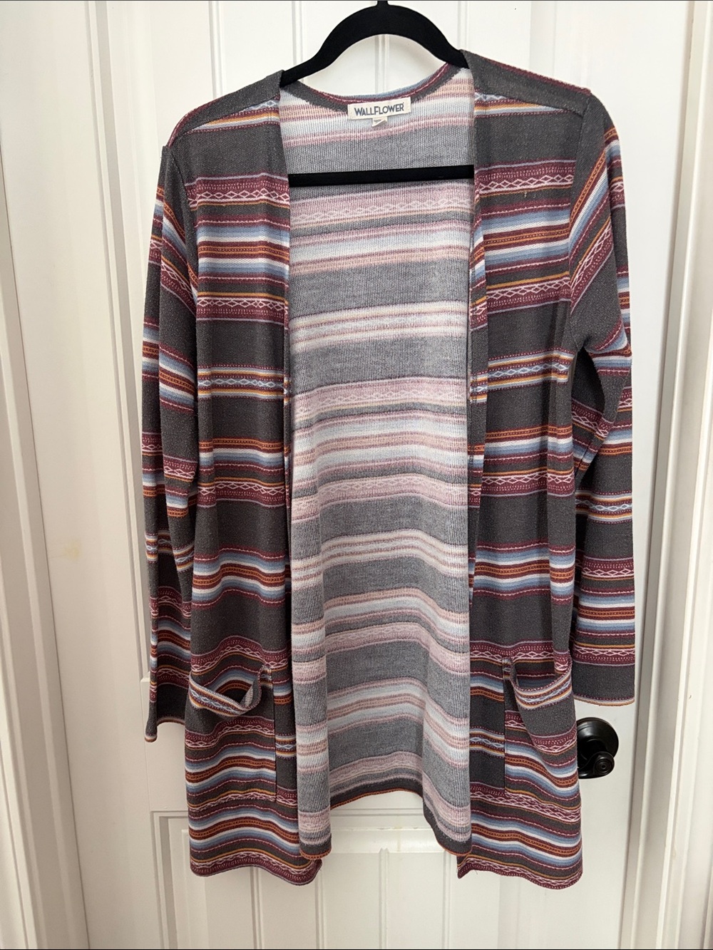 Wallflower Gray Open-Front Striped Cardigan with Multicolor Accents